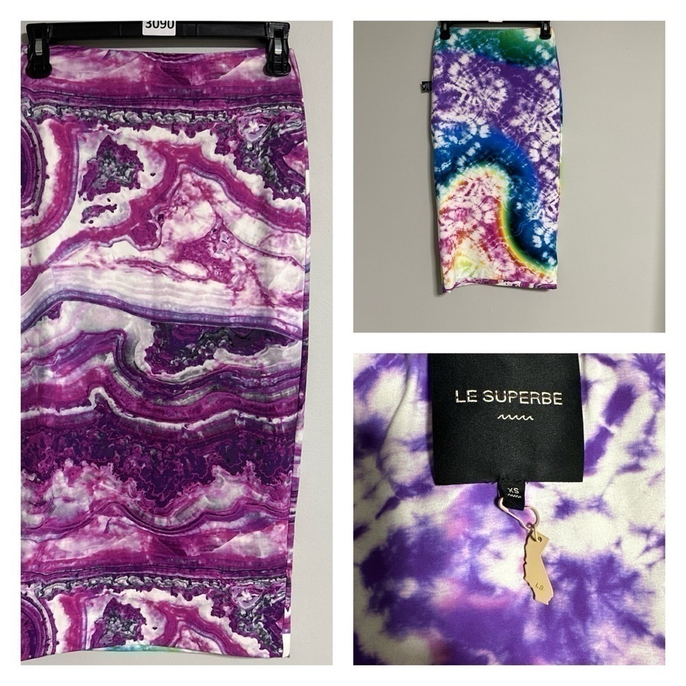 Le Superbe pencil Skirt Tie Dye Purple Rainbow Reversible BodyCon Knee Length XS